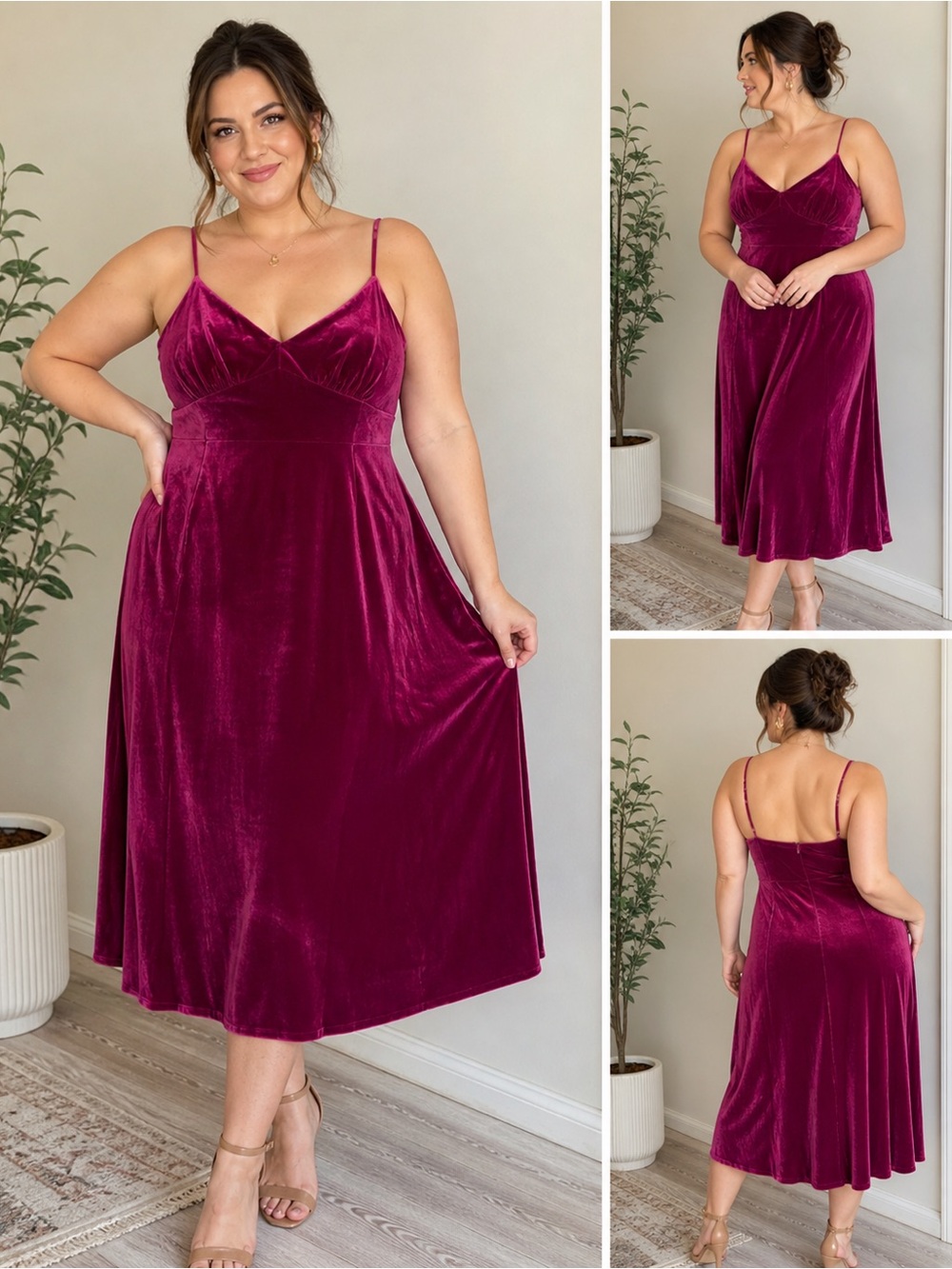 Taylor Velvet Slip Dress Magenta Pink Size 16 Midi Spaghetti Strap